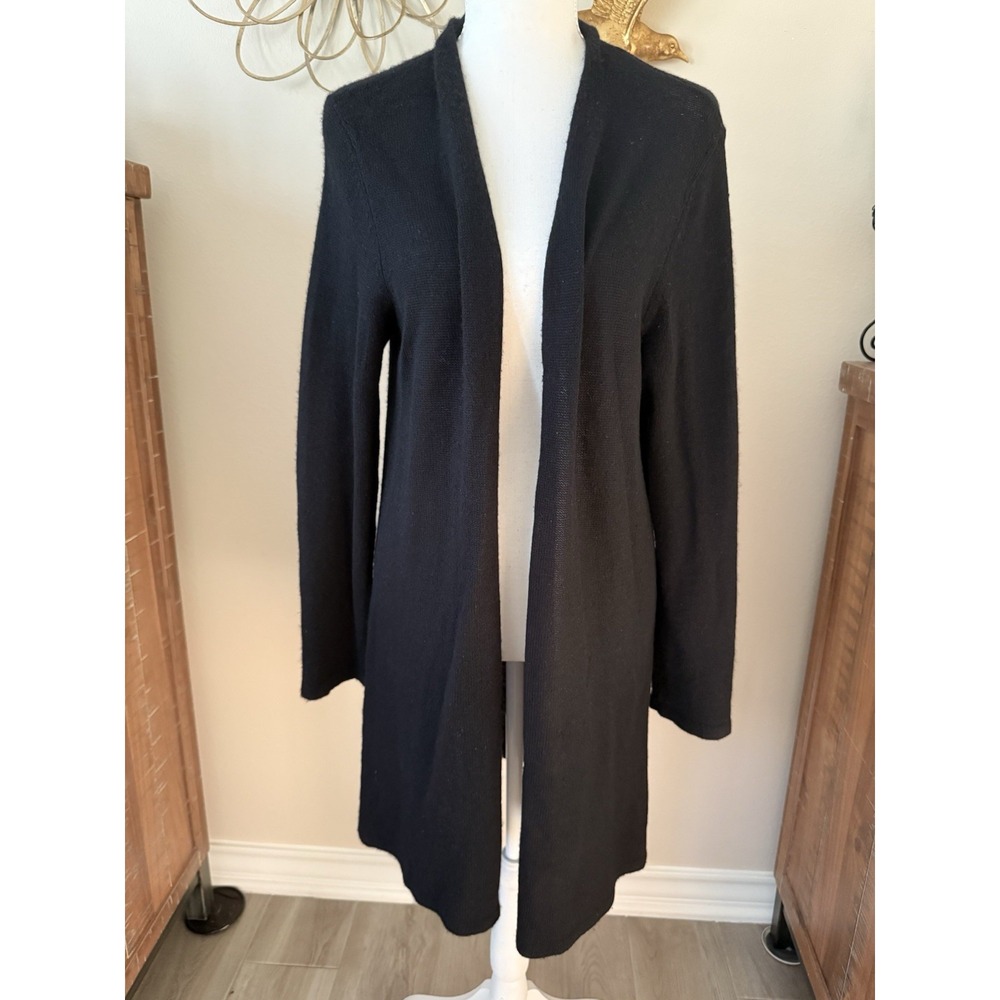 Eileen Fisher L 100% Cashmere Black Long Cardigan Duster Sweater FLAWED